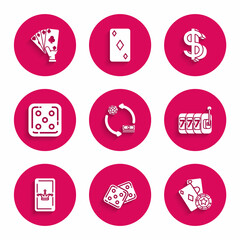 Set Casino chips exchange on stacks of dollars, Game dice, and playing cards, Slot machine with lucky sevens jackpot, Joker, Dollar symbol and Hand holding icon. Vector