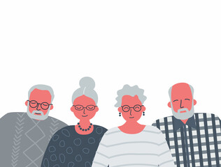 Elderly men and elderly women are standing together. Community of older people. People icons. Vector illustration