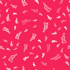 White line Fishing harpoon icon isolated seamless pattern on red background. Fishery manufacturers for catching fish under water. Diving underwater equipment. Vector