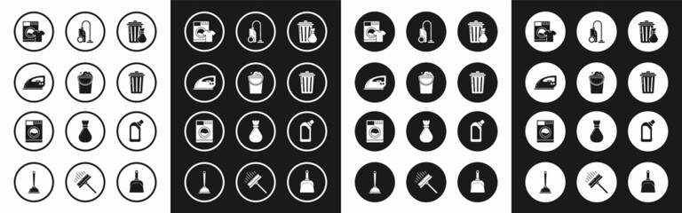 Set Trash can and garbage bag, Bucket with foam bubbles, Electric iron, Washer t-shirt, Vacuum cleaner, Plastic bottles for liquid dishwashing liquid and icon. Vector