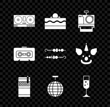 Set DJ remote for playing and mixing music, Cake, Photo camera, Open cigarettes pack box, Disco ball, Glass of champagne, Retro audio cassette tape and Grilled shish kebab icon. Vector