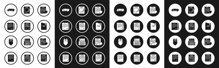 Set Contract with shield, Delete file document, pen, Delivery cargo truck, Personal folder, Blank notebook and, Document key and Family insurance icon. Vector