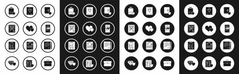 Set Safe with shield, Heart, Delete file document, Traveling baggage insurance, Torn contract, Certificate template, Contract pen and Document graph chart icon. Vector