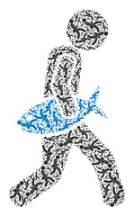 Vector fish courier icon mosaic. Fish courier collage is designed from randomized recursive fish courier pictograms. Recursive mosaic for fish courier icon.