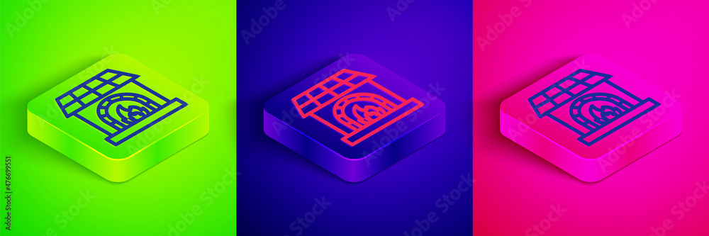 Wall mural isometric line blacksmith oven icon isolated on green, blue and pink background. square button. vect