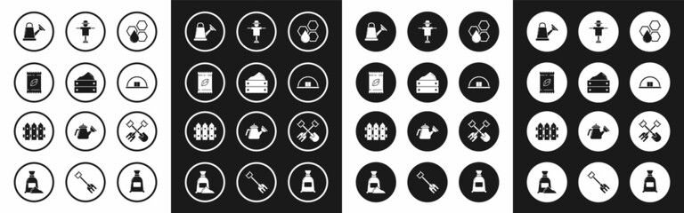 Set Honeycomb, Wooden box with harvest, A pack full of seeds of specific plant, Watering can, Hangar, Scarecrow, Shovel and rake and Garden fence wooden icon. Vector