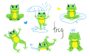 Cute little Green Frog Smiles, Jumps, Hunts insects, dreams. A set of vector illustrations