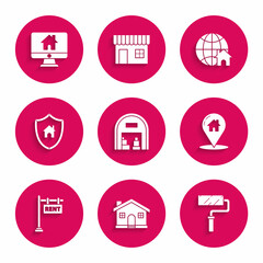 Set Warehouse, House, Paint roller brush, Map pointer with, Hanging sign text Rent, shield, Globe symbol and Computer monitor smart home icon. Vector