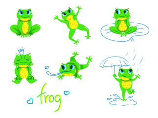 Cute little Green Frog Smiles, Jumps, Hunts insects, dreams. A set illustrations, isolated on white background