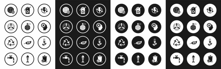 Set Recharging, Planet earth and recycling, Wind turbine, Human head with gear inside, Tag recycle symbol, Light bulb leaf and Recycle icon. Vector