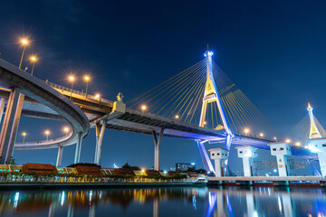 Bhumibol suspension bridge cross over Chao Phraya River in Bangkok, thailand  at evening. Is one of the most beautiful bridges in Thailand. Selective focus.