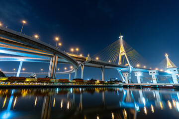 Bhumibol suspension bridge cross over Chao Phraya River in Bangkok, thailand  at evening. Is one of the most beautiful bridges in Thailand. Selective focus.