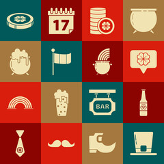 Set Leprechaun hat, Beer bottle with four leaf clover, Four in speech bubble, Gold coin, National Ireland flag, Witch cauldron, and rainbow icon. Vector