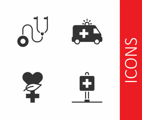 Set Location hospital, Stethoscope, Ethnoscience and Ambulance car icon. Vector