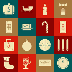 Set Clock, Three rolled sticks of cinnamon, Smartphone with gift box, Burning candle candlestick, Nougat nuts, Christmas sweater and candy cane stripes icon. Vector