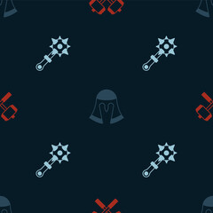 Set Crossed battle hammers, Medieval helmet and Mace with spikes on seamless pattern. Vector