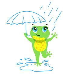 cute little laughing frog with umbrella in rain, isolated on white background. Illustration of bright character for business