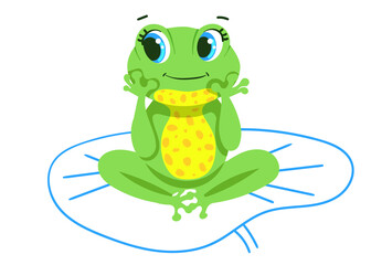 cute little dreamy frog is sitting on water lily, isolated on white background. Illustration with bright character