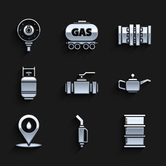 Set Industry metallic pipes and valve, Gasoline pump nozzle, Barrel oil, Canister for motor machine, Refill petrol fuel location, Propane gas tank, and Motor gauge icon. Vector