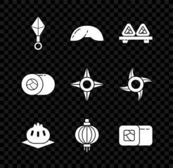 Set Japanese ninja shuriken, Chinese fortune cookie, Sushi on cutting board, Khinkali, paper lantern, and icon. Vector © Oksana