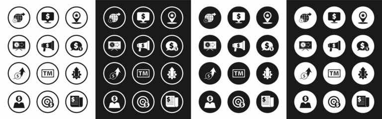 Set Map pointer with star, Megaphone and dollar, Monitor, Earth globe, Speech bubble, Arrow growth gear business and Financial coin icon. Vector