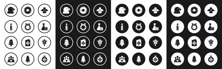 Set Christmas angel, wreath, Burning candle in candlestick, Santa Claus hat, Gift box bag, Donut with sweet glaze, star and tree icon. Vector