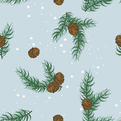 Seamless pattern of spruce branches and cones on a blue background. Holiday Christmas home decor,textiles © Елена Устьянцева
