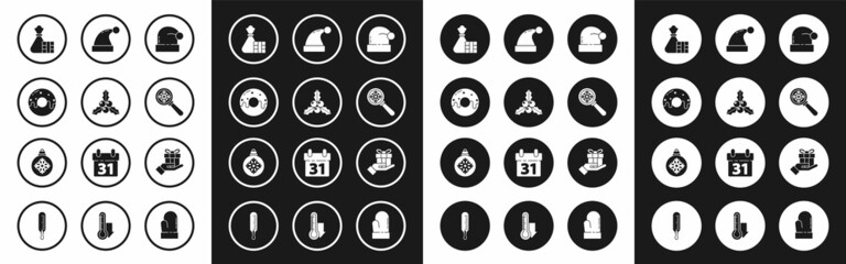 Set Christmas Santa Claus hat, Branch viburnum or guelder rose, Donut with sweet glaze, Gift box and bag, Magnifying glass snowflake, hand and ball icon. Vector