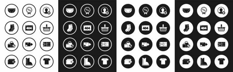 Fototapeta premium Set Create account screen, Page with 404 error, Socks, Underwear, Shopping basket, Discount percent tag, Gift box and Shoping bag discount icon. Vector