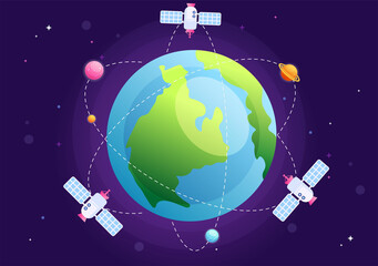 Artificial Satellites Orbiting the Planet Earth with Wireless Technology Global 5G Internet Network Satellite Communication in Flat Background Illustration