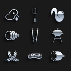Set Meat tongs, Steak meat, Salami sausage, Barbecue grill, Crossed, Fried chicken wing and Grilled steak and fire flame icon. Vector