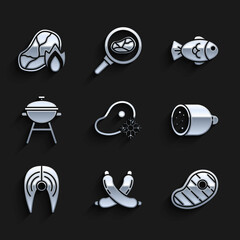 Set Fresh frozen steak meat, Crossed sausage, Steak, Salami, Fish, Barbecue grill, and Grilled and fire flame icon. Vector