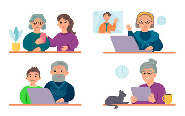 Set of Senior characters with gadgets on white background. Old people use the Internet.
