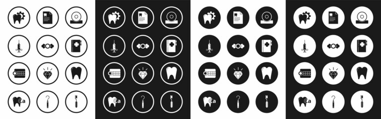 Set Otolaryngological head reflector, Candy, Dental medical syringe, Tooth treatment procedure, Clipboard with dental card, and Dentures model icon. Vector