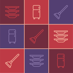 Set line Washing dishes, Rubber plunger and Refrigerator icon. Vector
