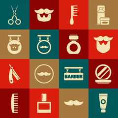 Set Cream or lotion cosmetic tube, Makeup powder with mirror, Mustache and beard, Hairbrush, Barbershop, Scissors hairdresser and Aftershave icon. Vector