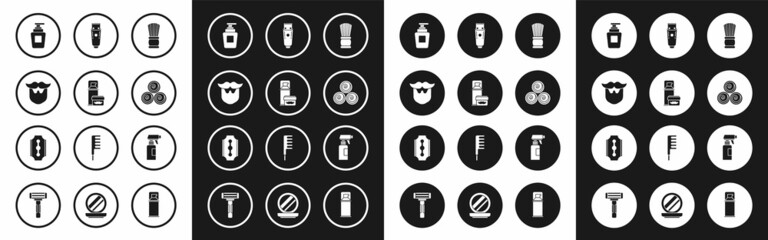 Fototapeta premium Set Shaving brush, gel foam, Mustache and beard, Bottle of shampoo, Towel rolls, Electrical hair clipper or shaver, Hairdresser pistol spray bottle and Blade razor icon. Vector