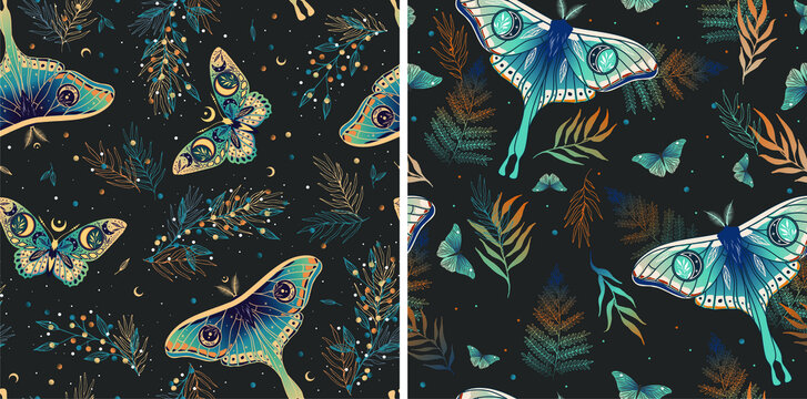 Set of seamless patterns with moths. Vector graphics. Contemporary composition. Trendy texture for print, textile, packaging.