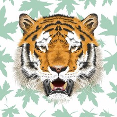 Vector sketch of  bengal tiger head.Animal print.Wildlife.Seamless green leaves background. - Vector