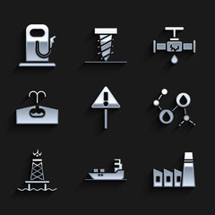 Set Exclamation mark in triangle, Oil tanker ship, industrial factory building, Molecule oil, rig with fire, Oilfield, Broken pipe leaking water and Petrol gas station icon. Vector
