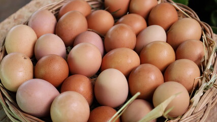 Lots of fresh eggs in a basket. Dirty fresh eggs from a chicken house in an organic farm. Closeup and focus on the subject. © kanin