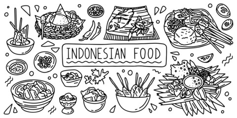 Indonesian cuisine, food. Simple doodle outline style. Raster stock black and white illustration.