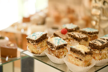 Candy bar with a variety of sweets, celebrations, high-calorie and sweet food, desserts for the holidays.