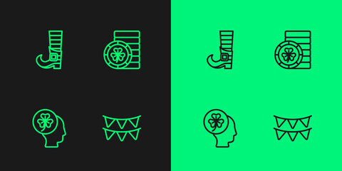Set line Carnival garland with flags, Head clover trefoil leaf, Leprechaun boot and Golden leprechaun coin icon. Vector