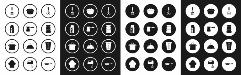 Set Pizza knife, Coffee turk, Paper package for milk, Spatula, Cooking pot, Measuring cup and icon. Vector