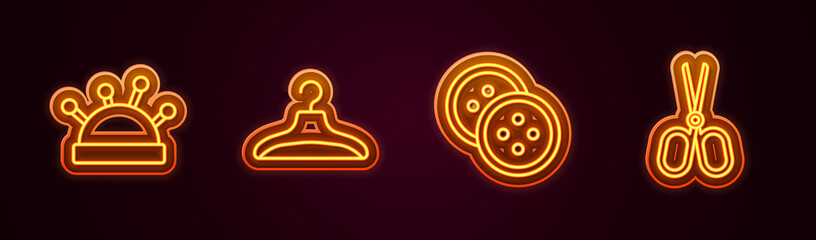 Set line Needle bed and needles, Hanger wardrobe, Sewing button for clothes and Scissors. Glowing neon icon. Vector