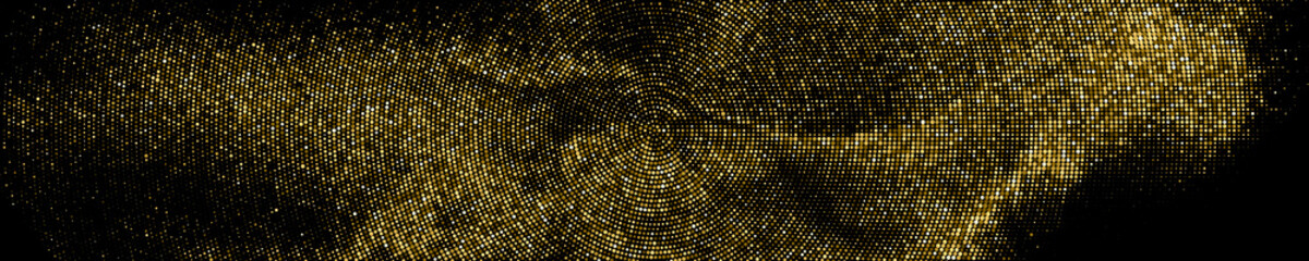Fototapeta na wymiar Gold Glitter Halftone Dotted Backdrop. Abstract Circular Retro Pattern. Pop Art Style Background. Golden Explosion Of Confetti. Wide Horizontal Long Banner For Site. Vector Illustration, Eps 10. 