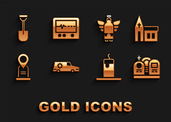 Set Hearse car, Church building, Grave with tombstone, Burning candle, Location grave, Christmas angel, Shovel and Beat dead monitor icon. Vector