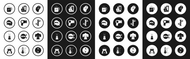 Set Yin Yang, Hair dryer, Spa salon, Cup of tea and leaf, Bamboo, Ointment cream tube, Massage and Aroma diffuser icon. Vector