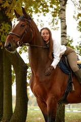 Fototapeta premium Beautiful brunette on a horse on the background of an autumn landscape. Horseback riding, active horseback riding